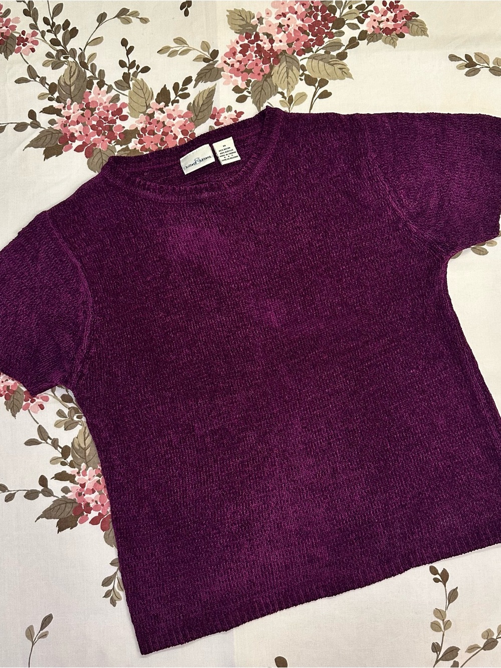 Vintage 90s Hillard & Hanson Purple Chenille Short Sleeve Knit Top | Size M